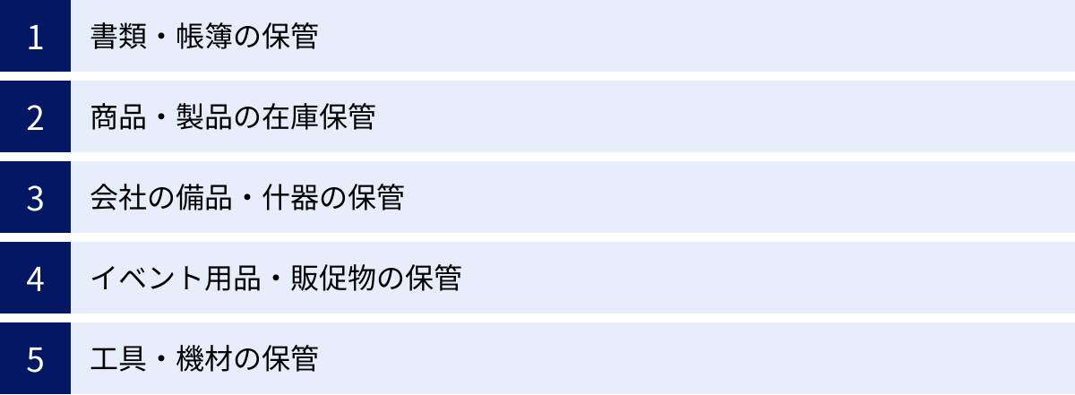 書類・帳簿の保管、商品・製品の在庫保管、会社の備品・什器の保管、イベント用品・販促物の保管、工具・機材の保管